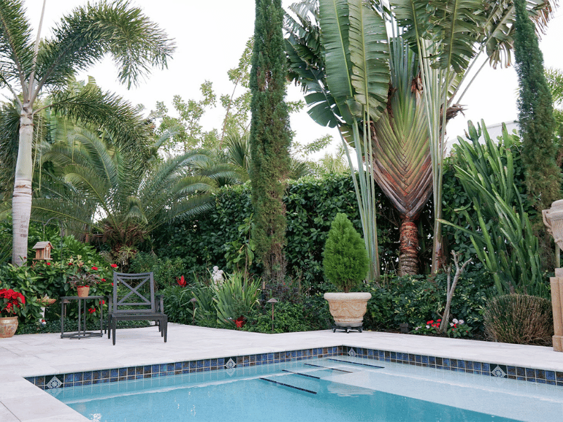 A beautiful garden pool setting Pool area landscaping Professional estate landscaping in Naples by Executive Lawn Care